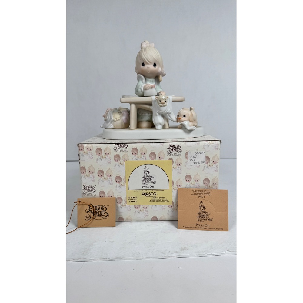 Precious Moments Press On Girl Ironing Figurine E-9265 Enesco 1982 Box Tag